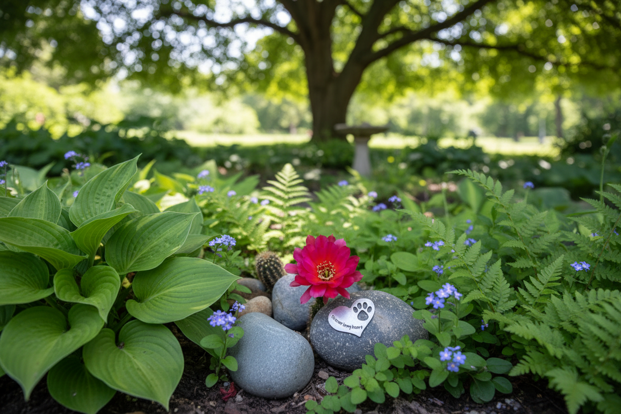 Pet memorial stone in peaceful garden setting among flowers