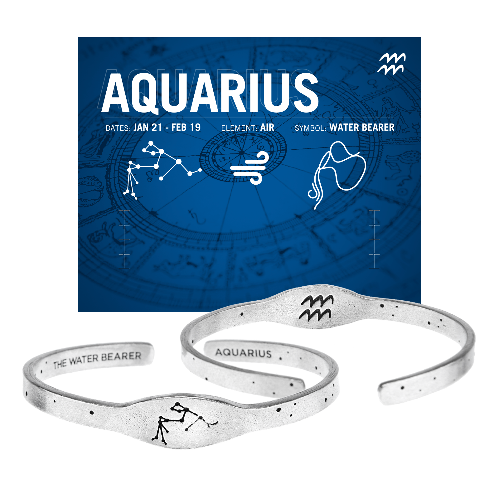 Zodiac Cuff Bracelet Aquarius Constellation Sign Jewelry