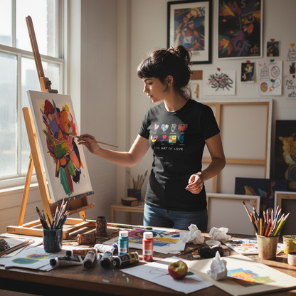 Person wearing Art of Love t-shirt in creative workspace