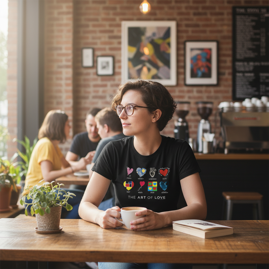 Person wearing Art of Love t-shirt in coffee shop