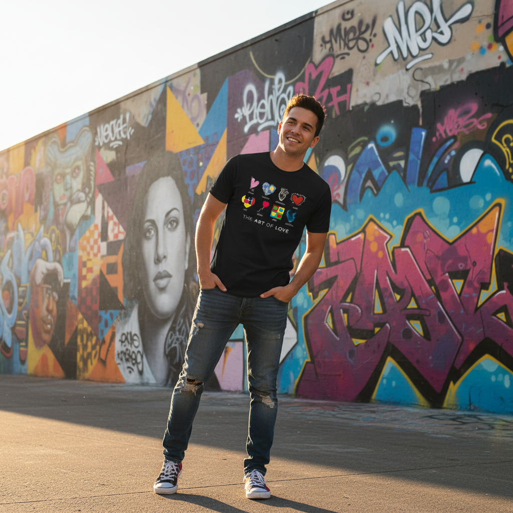 Person wearing Art of Love t-shirt in urban art district