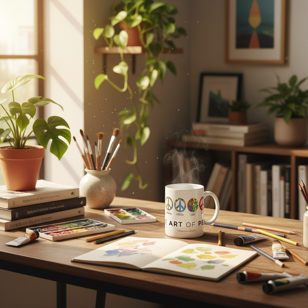 Art of Peace mug on creative workspace desk