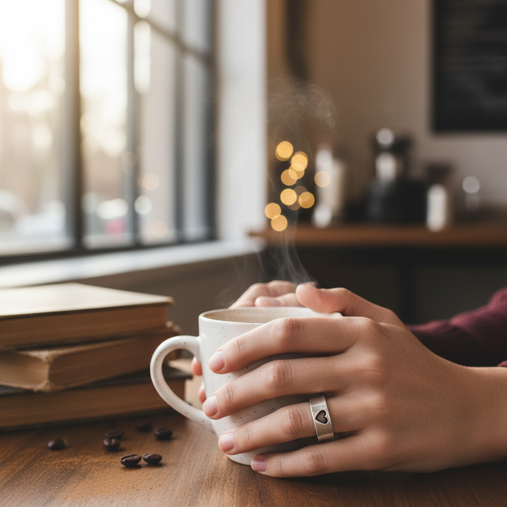 Hand wearing Hearts of Gold KIND heart ring with coffee cup