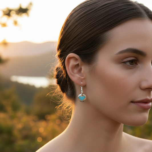 Person wearing small Peaceful Heart earrings outdoors in nature