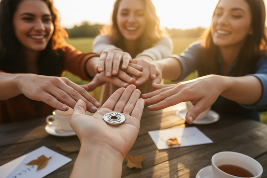 Actual Count Your Blessings token in woman's hand with friends