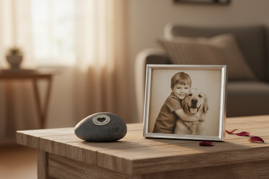 Always in My Heart meditation stone next to framed photo of child and dog