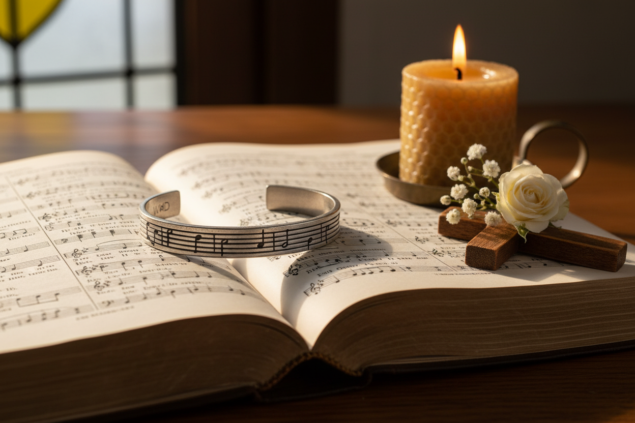 Amazing Grace cuff bracelet in spiritual lifestyle setting with Bible and candlelight
