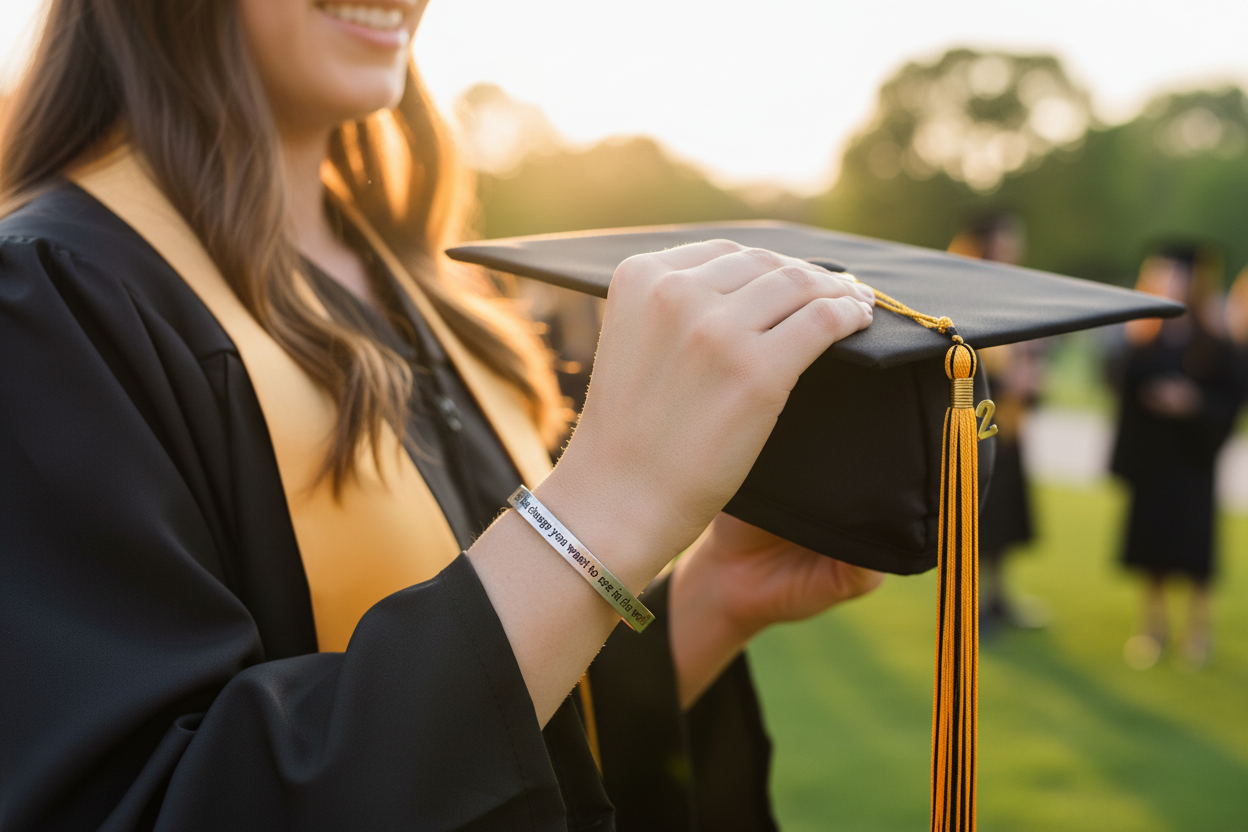 Be The Change cuff bracelet on wrist of woman holding graduation cap