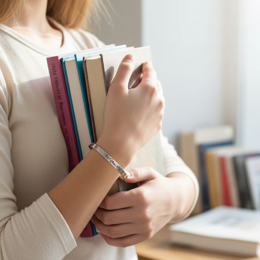 Be.You.tiful bracelet on teen with books