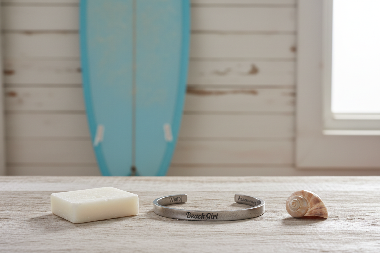 Beach Girl cuff bracelet on table with surf wax, shell, and surfboard backdrop