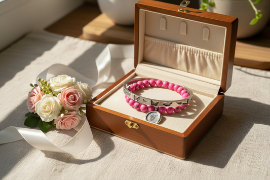 Butterfly cuff and pink Evolve Acai bracelet in luxury ivory jewelry box