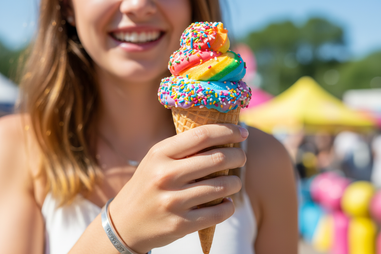 Choose Joy cuff bracelet on wrist holding colorful ice cream cone with sprinkles