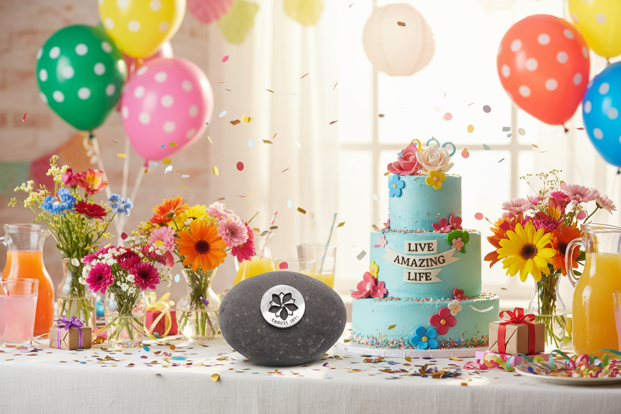 Choose Joy meditation stone in celebration setting without alcohol