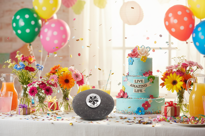 Choose Joy meditation stone in celebration setting without alcohol