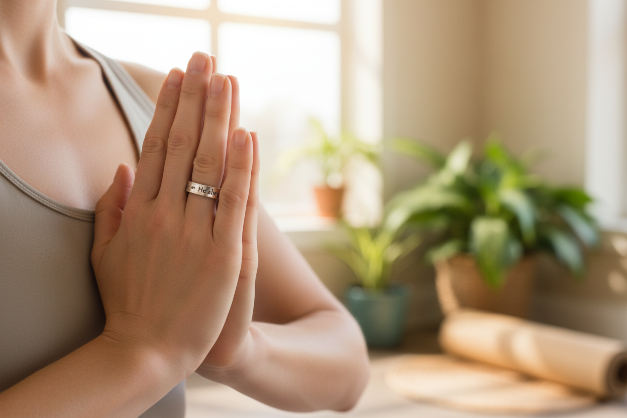 Comfort Healing Peace ring on woman doing yoga - corrected