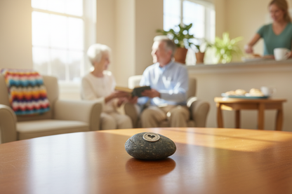 Compassionate caring meditation stone in volunteer setting