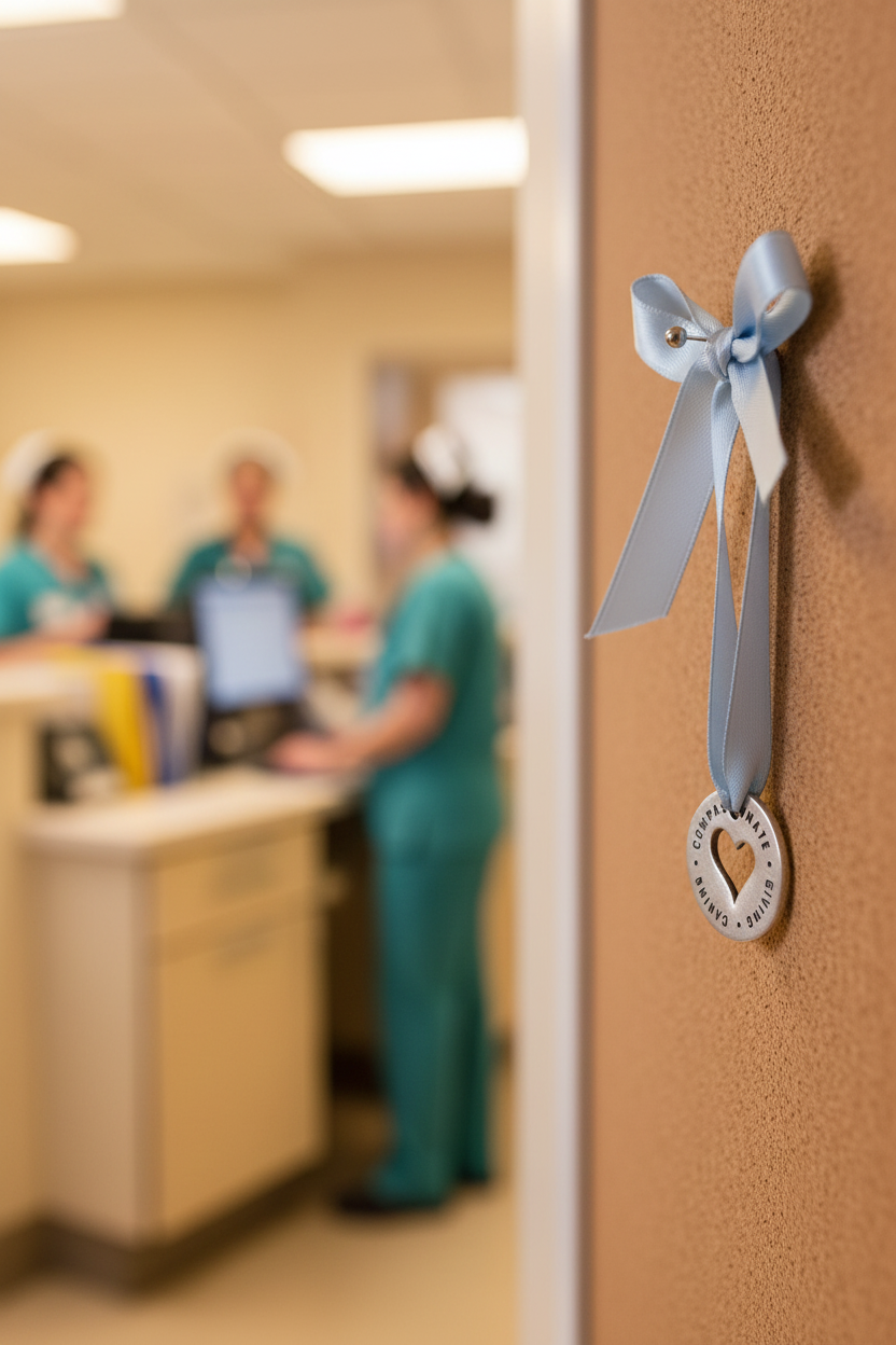 Compassionate Giving Caring Charm on Ribbon Near Nurses Station