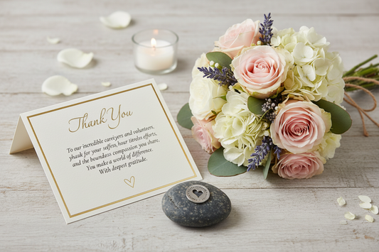 Compassionate meditation stone with flowers and thank you card