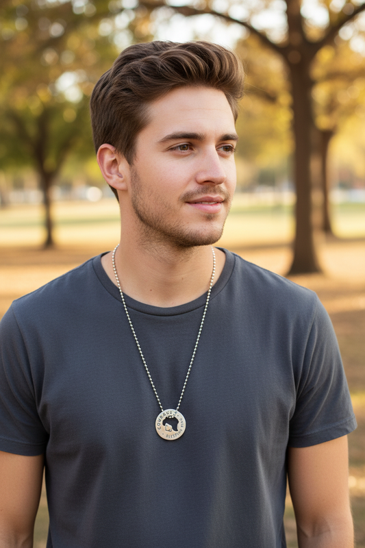 Courage Blessing Ring Hovering on Chain on Man's Chest