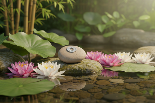 Courageous Brave Strong meditation stone near lotus flower