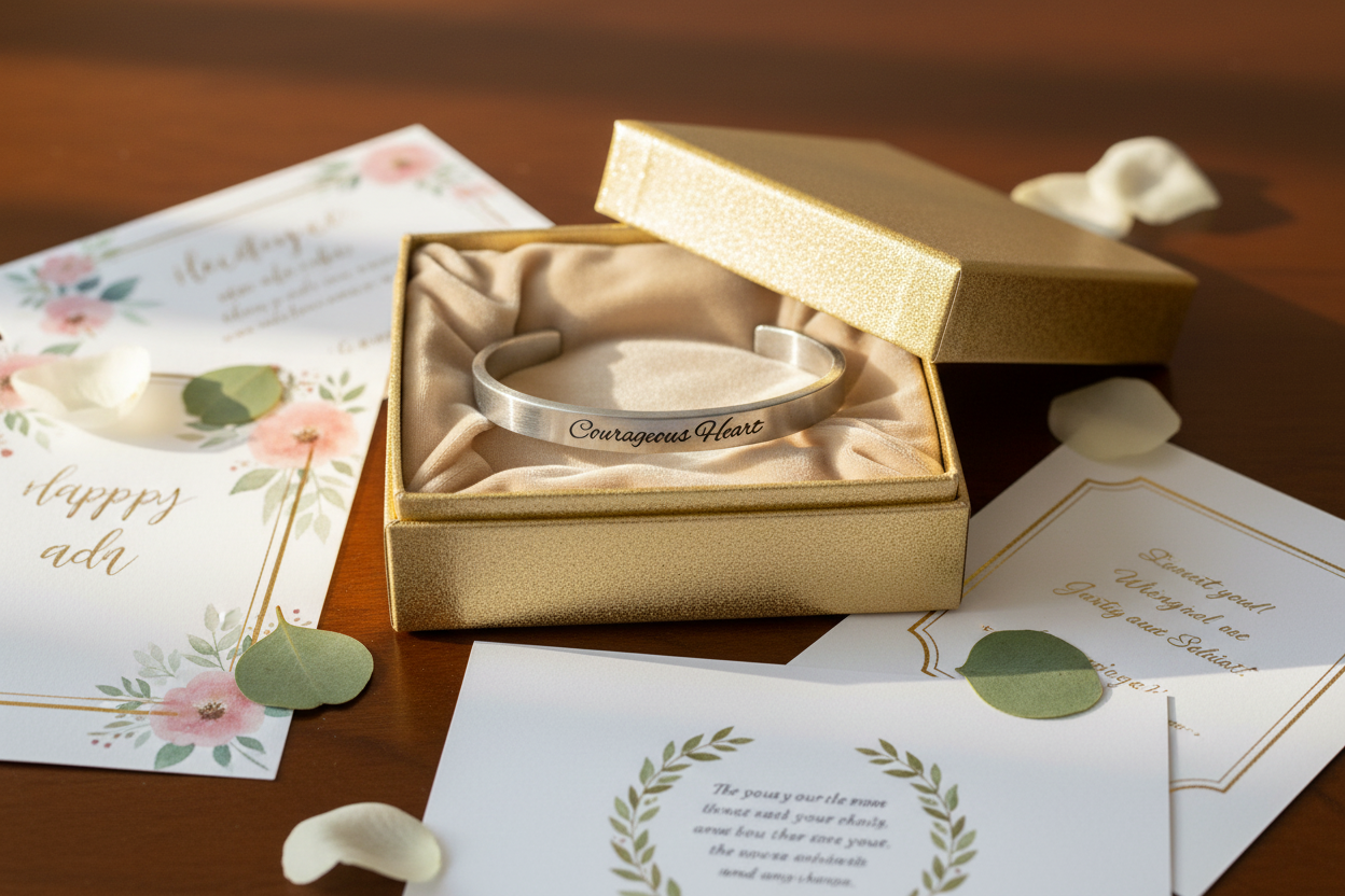 Courageous Heart cuff in gold gift box with greeting cards