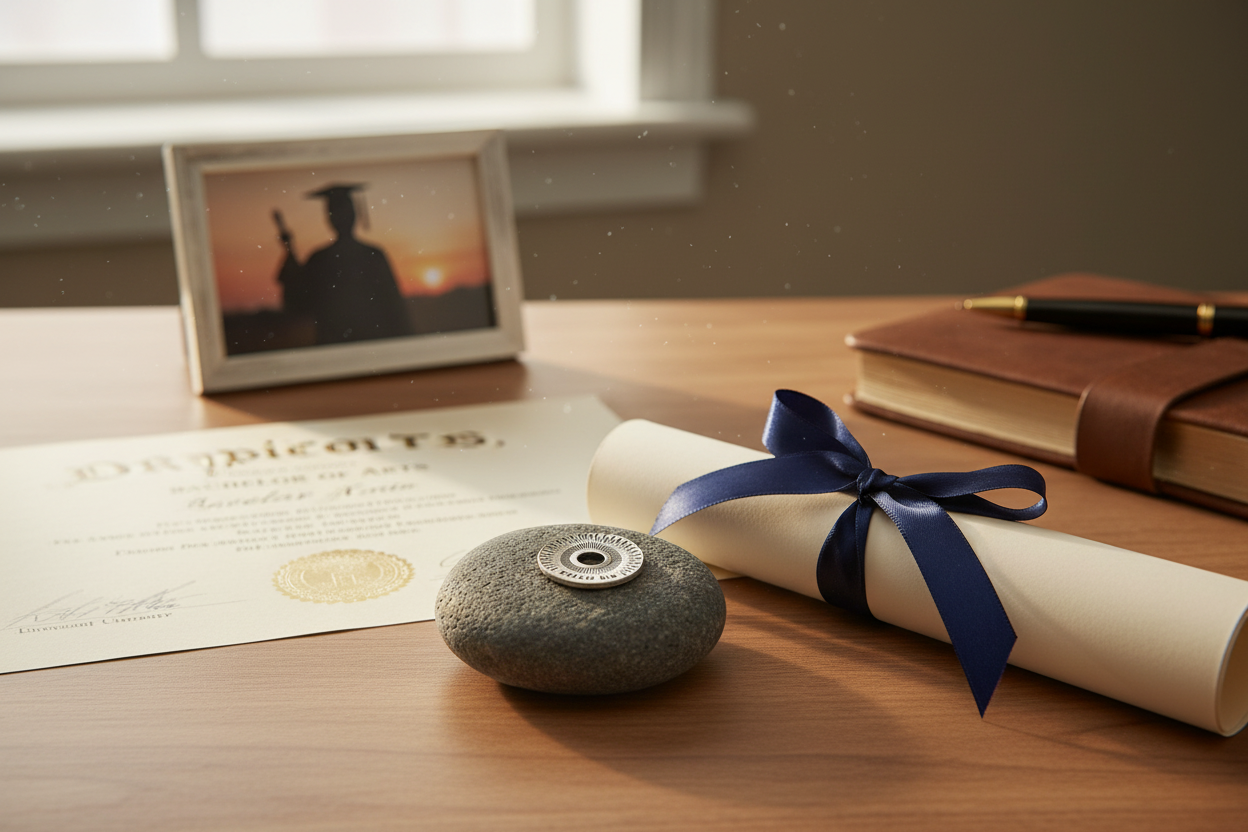 Dream Big meditation stone next to diploma