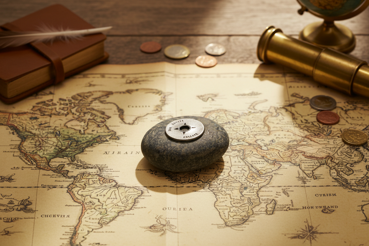 Explore Create Believe meditation stone on map