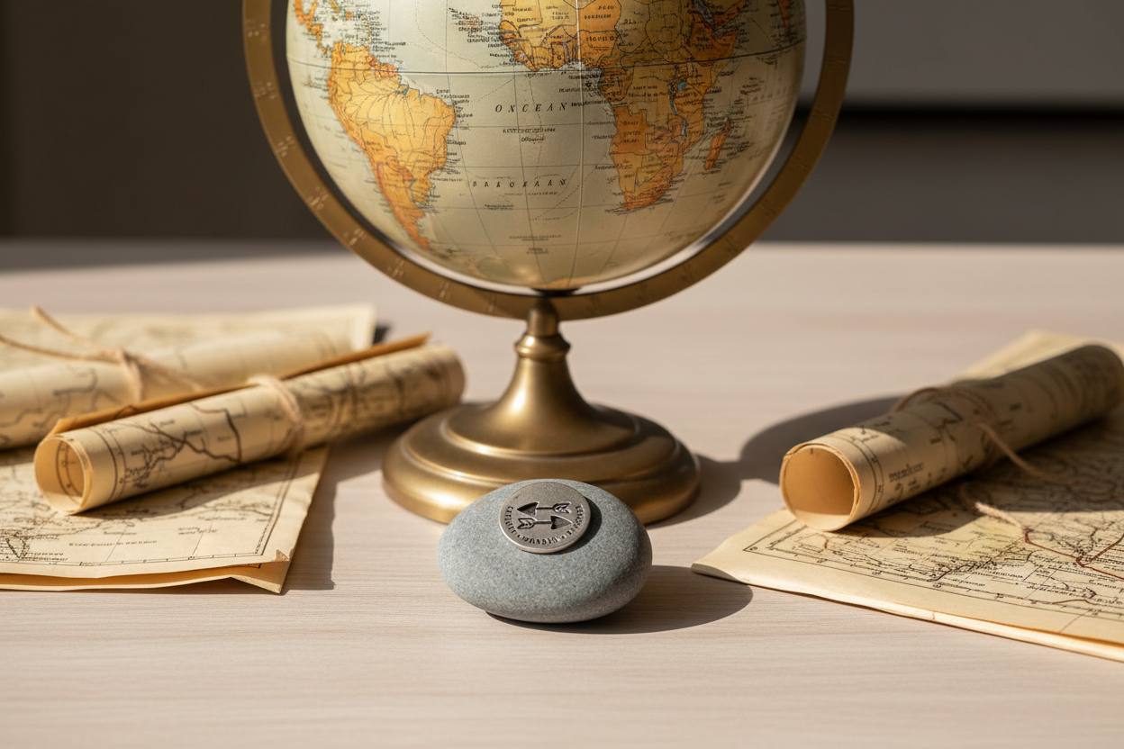 Explore Wander Discover meditation stone next to globe