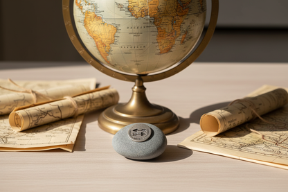 Explore Wander Discover meditation stone next to globe
