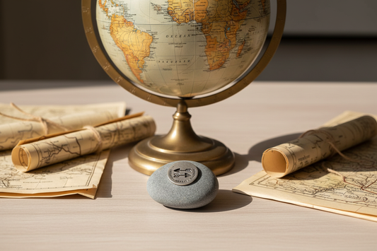 Explore Wander Discover meditation stone next to globe