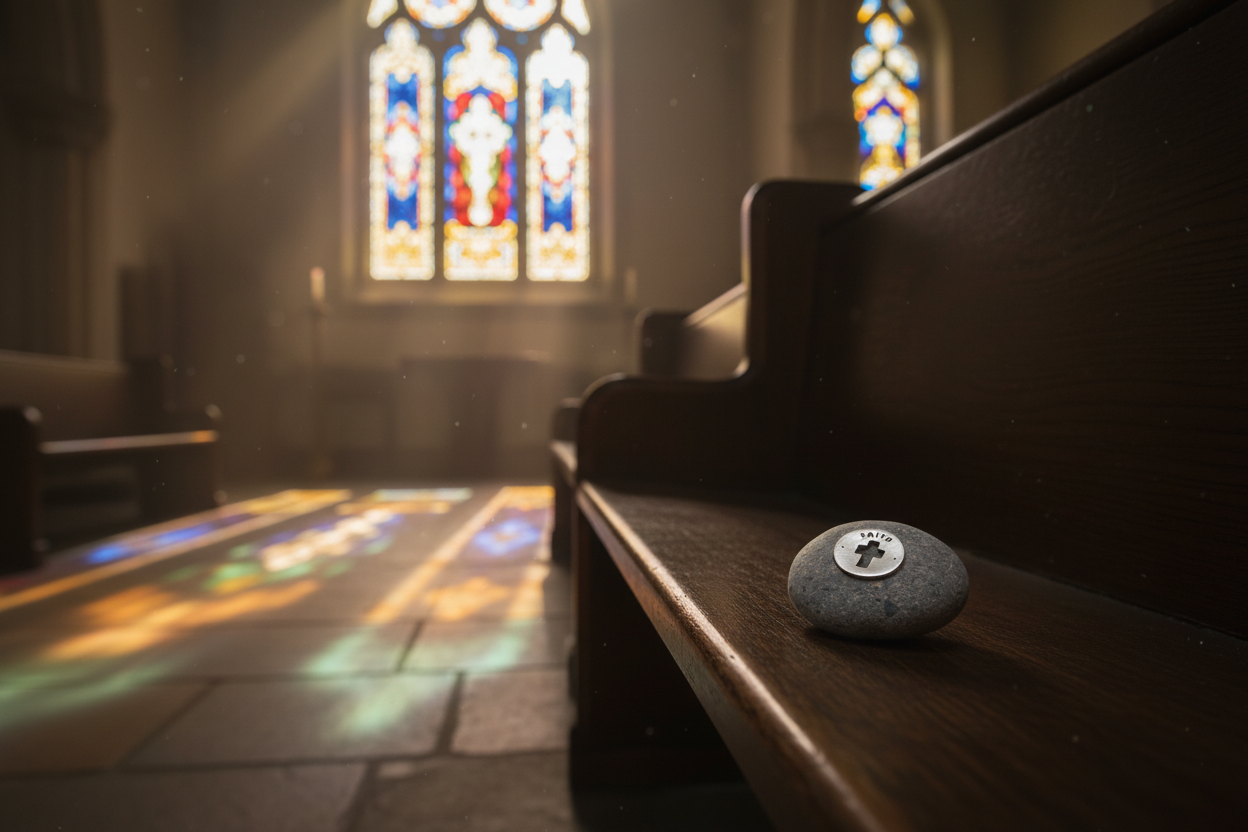 Faith meditation stone with cross in church setting