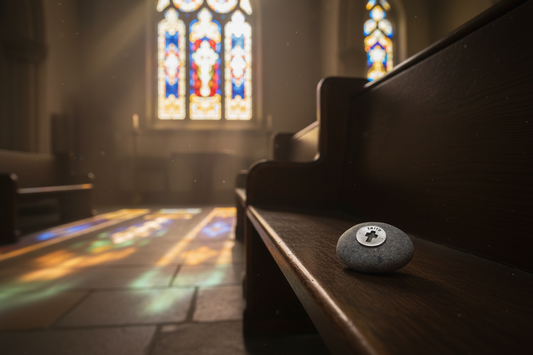 Faith meditation stone with cross in church setting