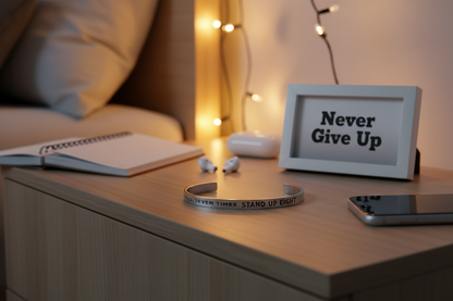 Fall Seven Times Stand Up Eight cuff on teen bedside table with Never Give Up framed quote