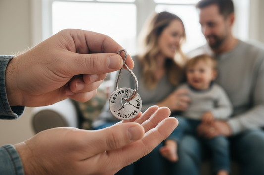 Father holding actual Father Blessing Ring keychain in family setting