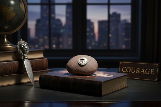 Fearless & Determined meditation stone with lion in empowering setting