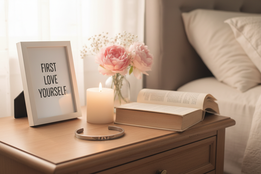 FLY First Love Yourself cuff bracelet on bedside table with framed quote