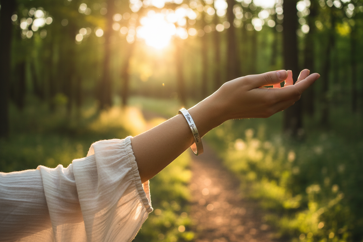 Follow Your Bliss open cuff bracelet worn on wrist outdoors in golden hour light