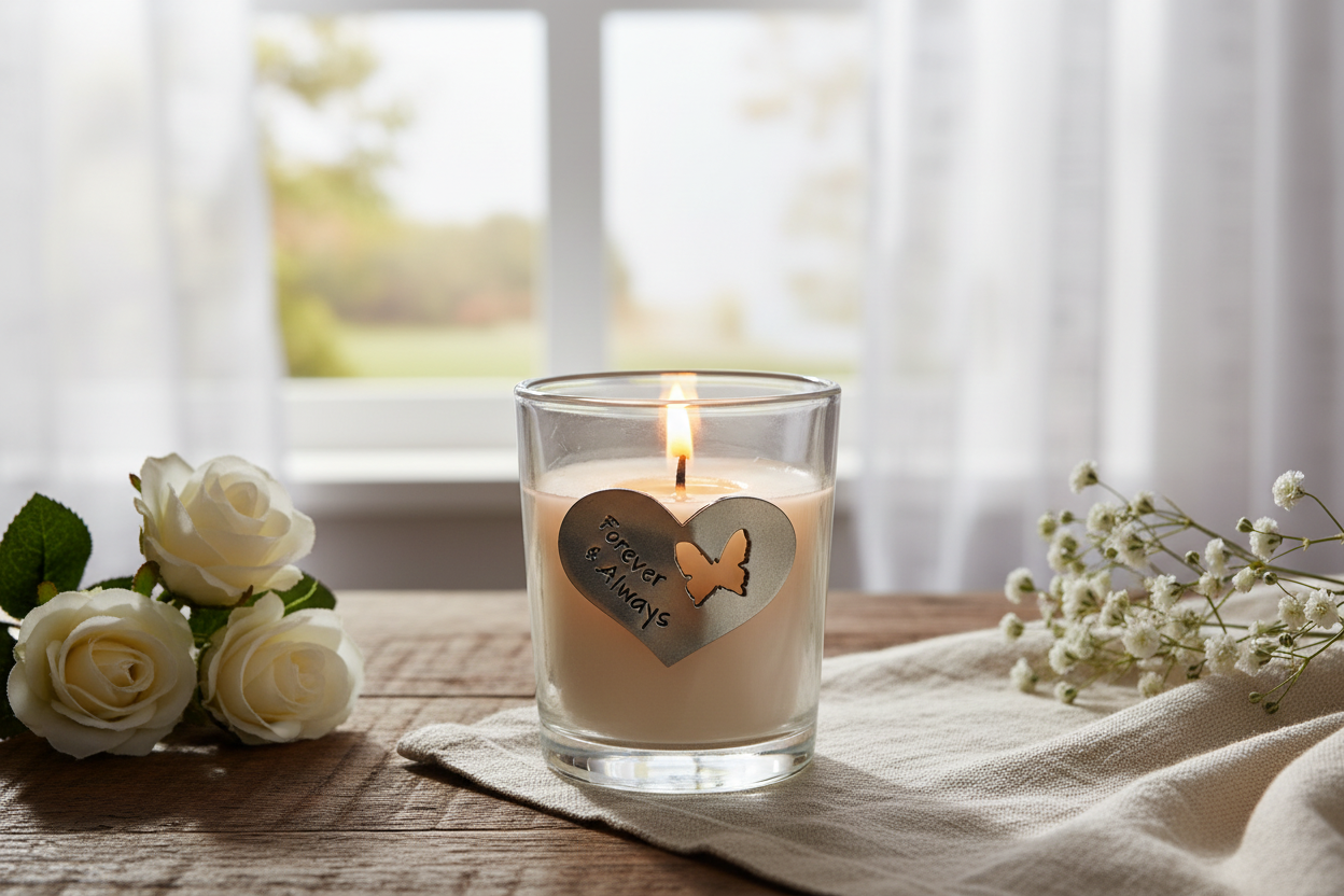 Forever and Always butterfly memorial candle in meaningful setting