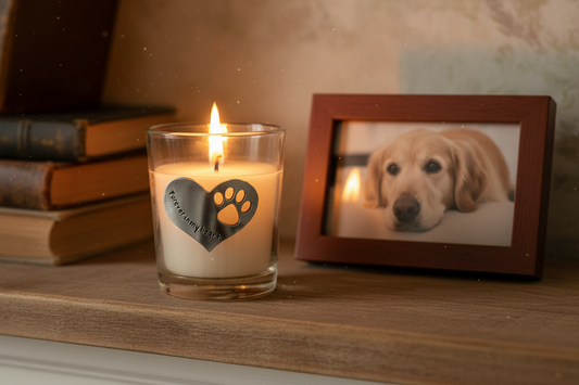 Forever in My Heart pet memorial candle on mantel with different dog photo