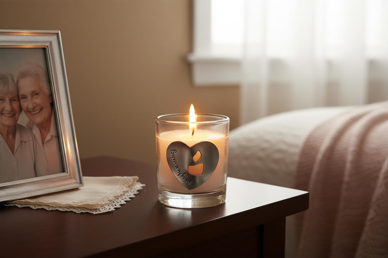 Forever in My Heart votive candle in emotional setting