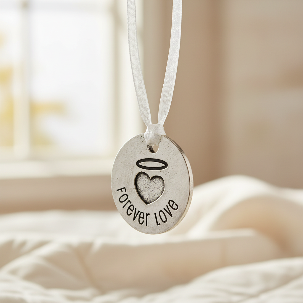 Forever Love charm hanging from ribbon
