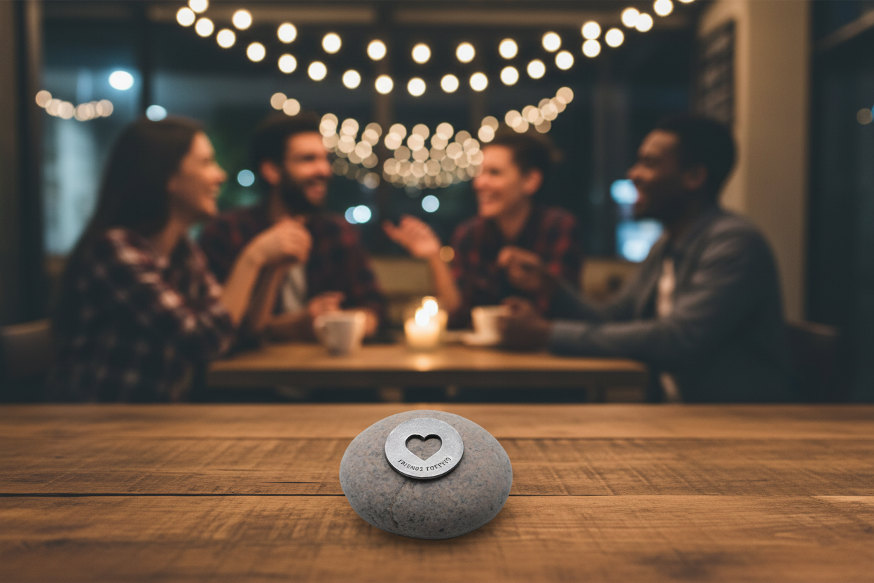Friends Forever meditation stone on table with friends hanging out