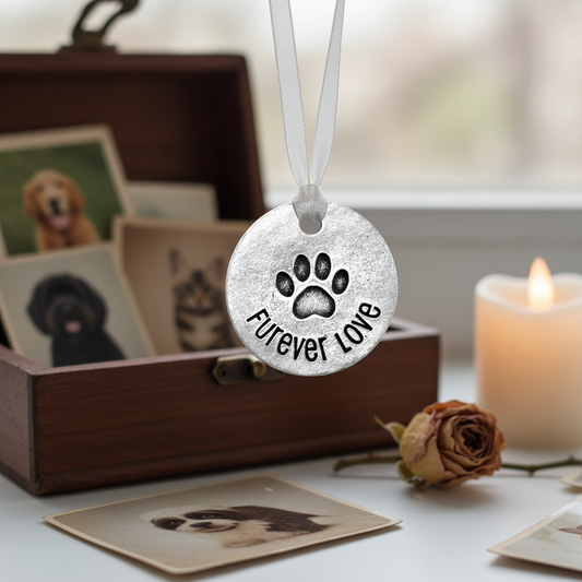 Furever Love charm hanging from ribbon