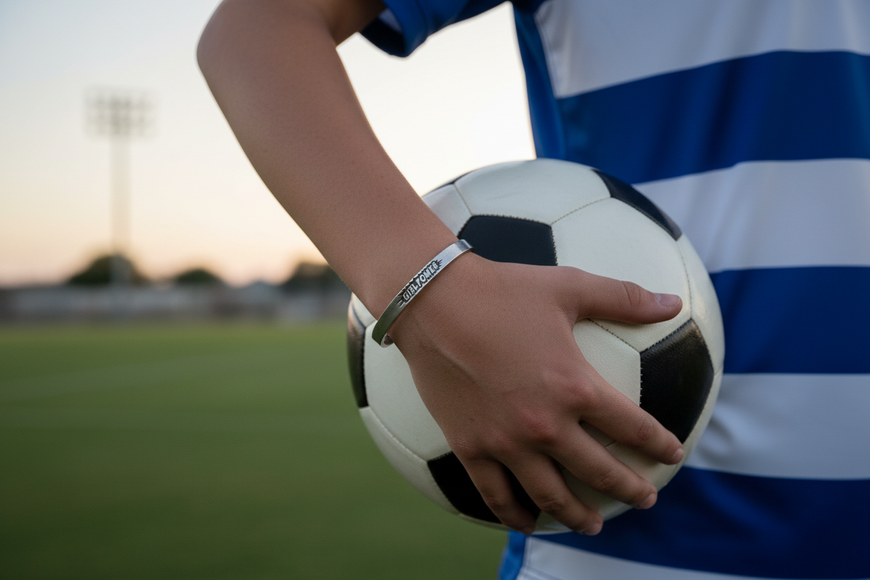 Girl Power cuff bracelet on girl holding soccer ball