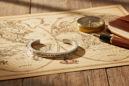 Go Confidently cuff bracelet resting on a vintage map with compass and journal