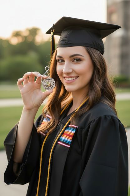 Graduate Holding Tiny Follow Your Heart Keychain