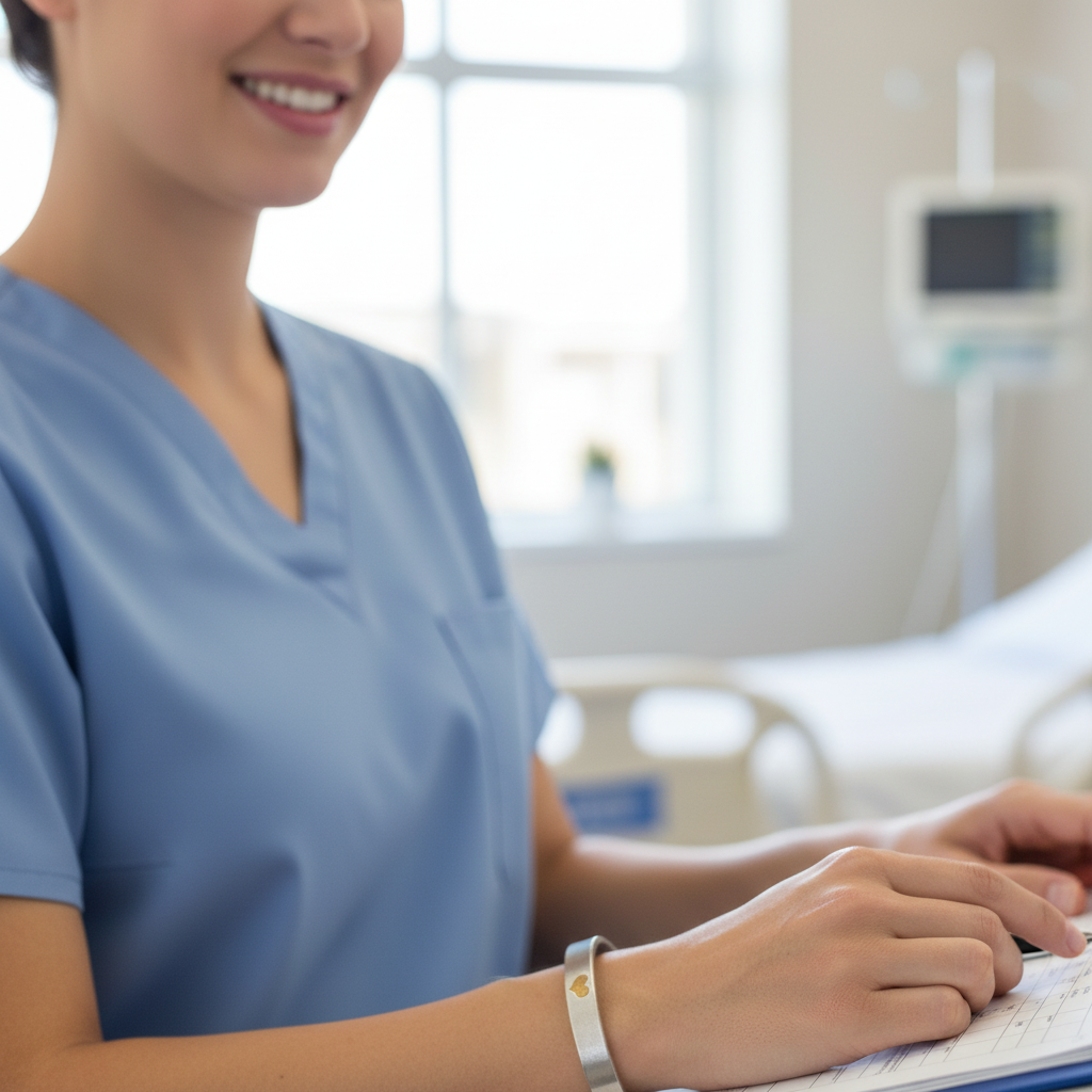 Heart of Gold cuff on nurse's wrist