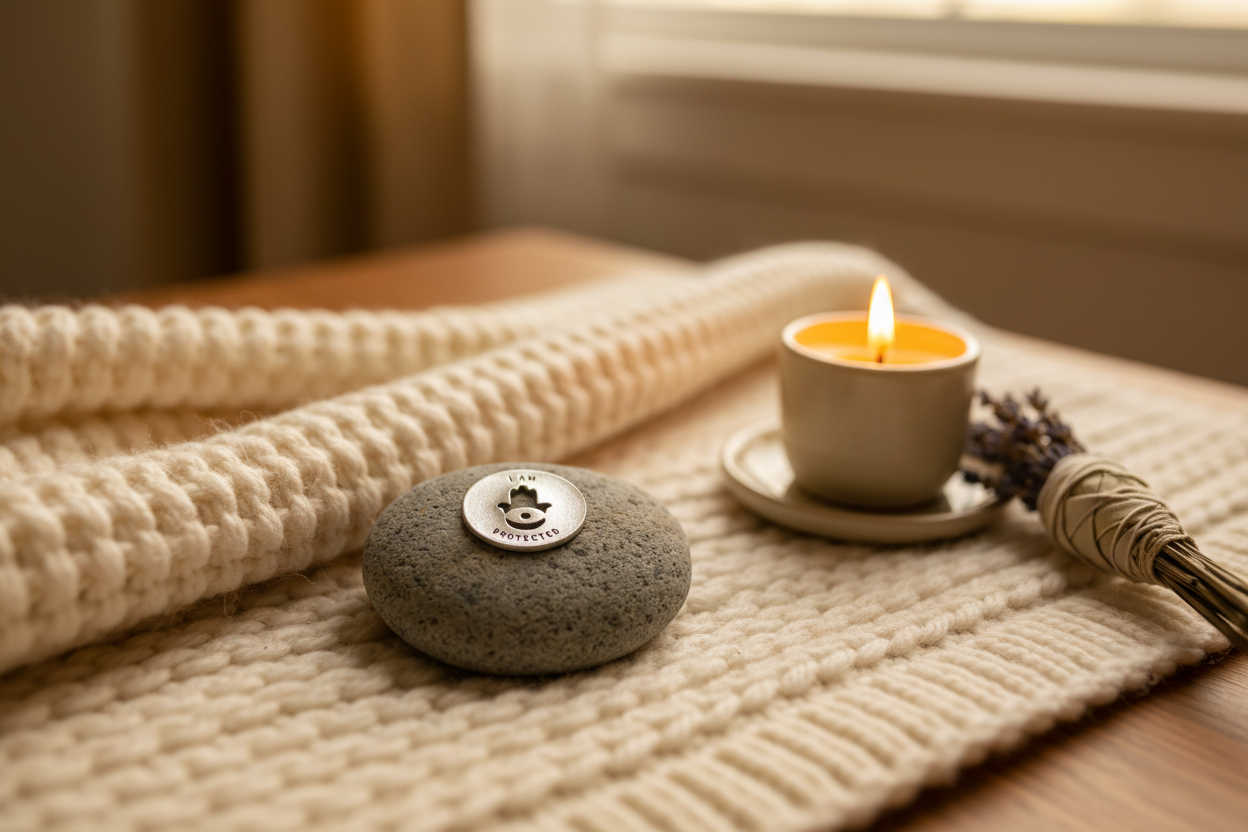I Am Protected meditation stone in comforting setting