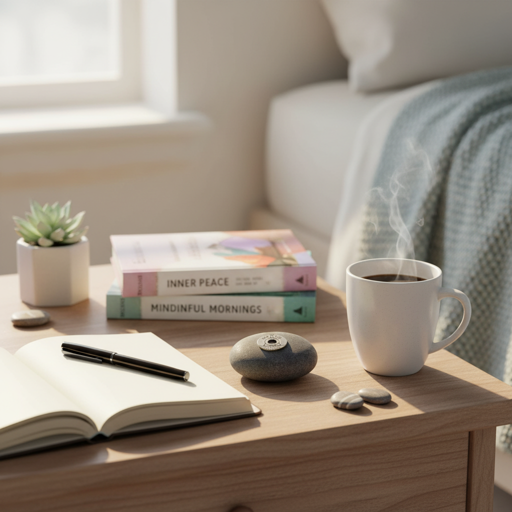 Your Vibe Attracts Your Tribe meditation stone on bedside table with clear text