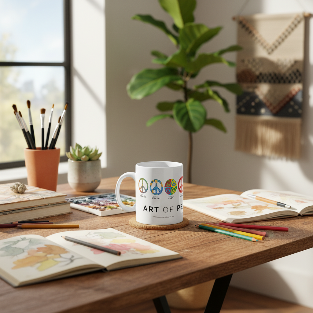 Art of Peace mug on creative workspace desk